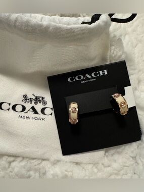 Coach Cream and Rose Gold Floral Hoop Huggies Earrings